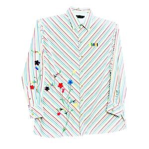 VTG COOGI Mens 4XL Shirt Rainbow Stripe Cotton Button Collar Embroidered Floral